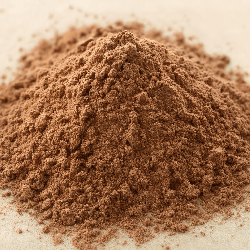 A mound of fine, loose medium-brown protein powder with a soft, slightly clumpy surface.