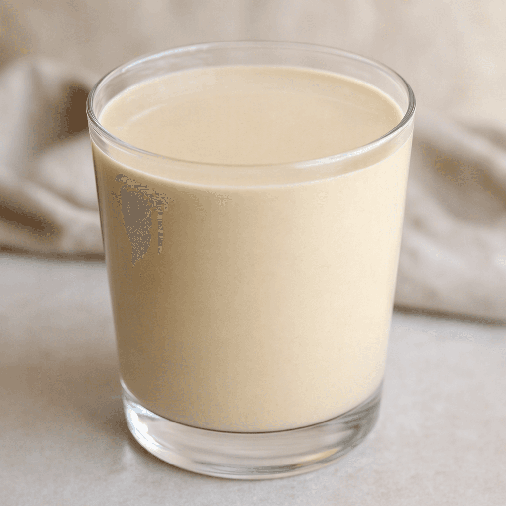 A smooth, opaque, pale beige drink fills a clear glass, with an even surface and no visible garnish.