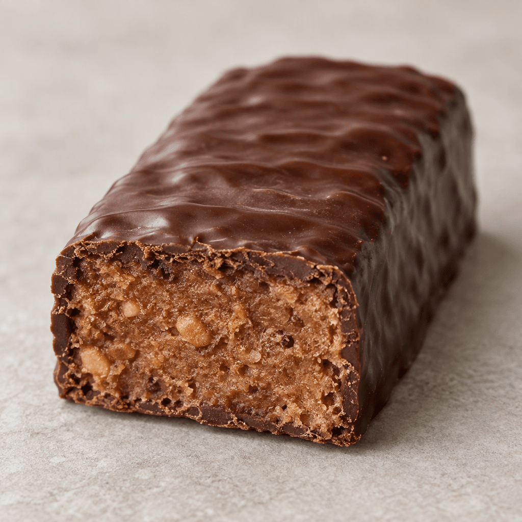 A compact rectangular bar with a dark brown, slightly ridged chocolate coating and a dense, lighter-brown interior visible at the cut end.
