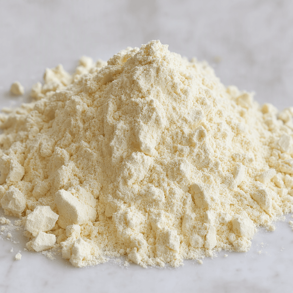 A mound of fine, pale cream-colored protein powder with a soft, slightly clumpy texture, loosely piled on a clean surface.