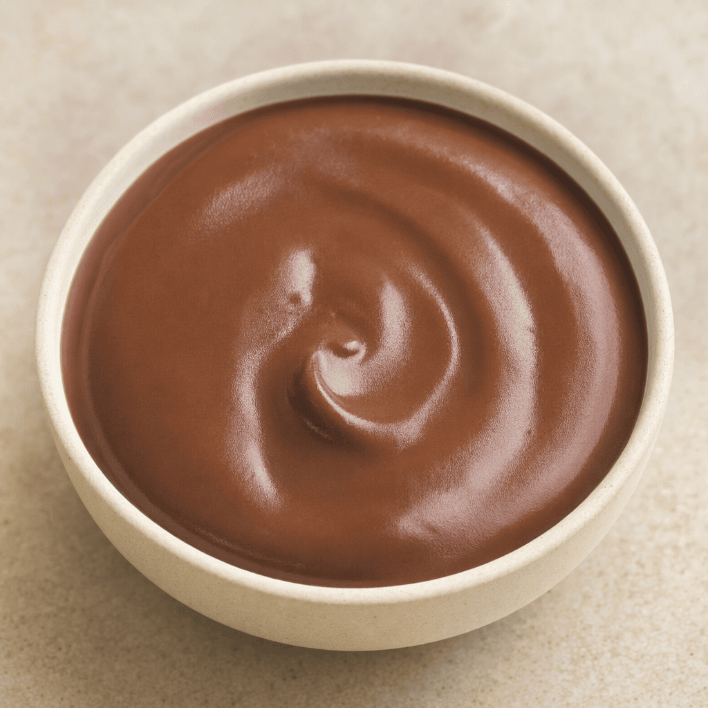A thick, smooth, glossy chocolate-brown pudding sits in a small bowl, with a softly rounded surface and no visible toppings.