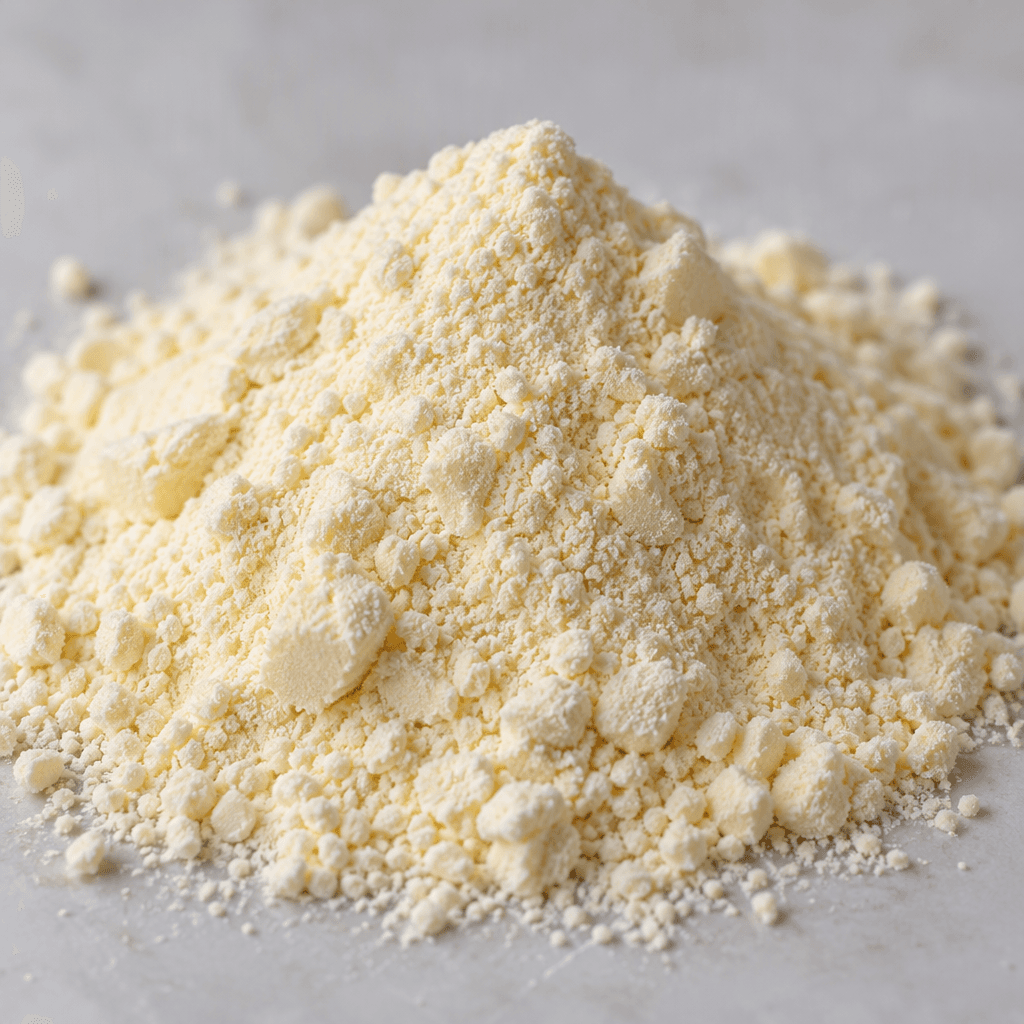 A small mound of fine, dry, pale cream-colored pudding powder with a lightly grainy, slightly clumped surface.