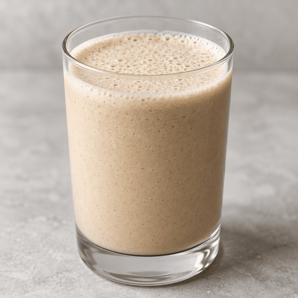 A smooth, creamy protein shake with a uniform light beige color and a thin layer of bubbles, served in a clear glass.