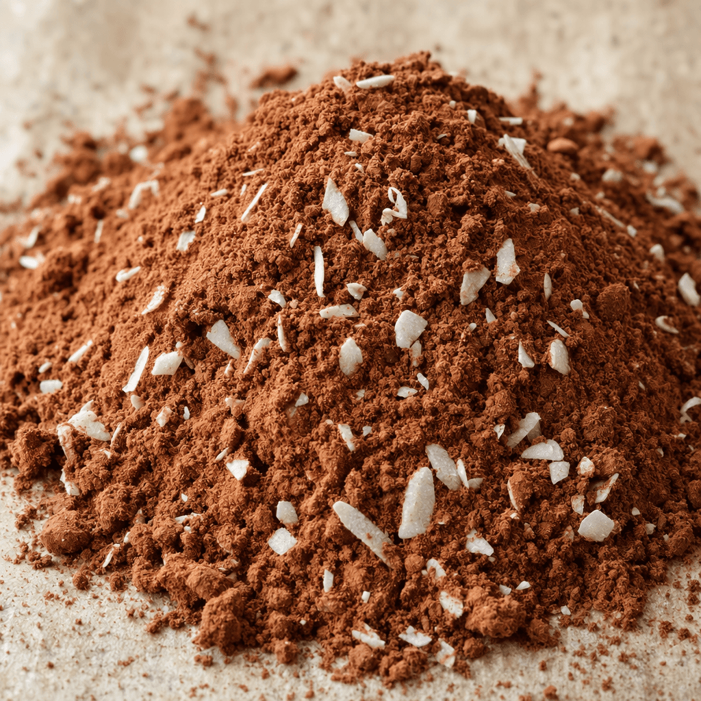 A loose mound of fine cocoa-brown powder with scattered pale coconut flecks.