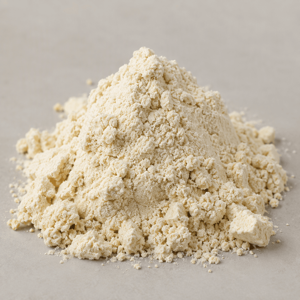 A fine, dry, pale cream-colored protein powder with a soft, slightly clumpy texture, gathered in a small mound.