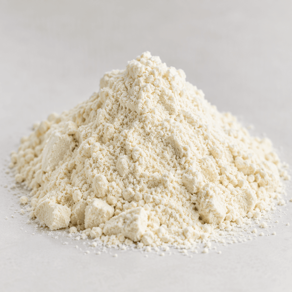 A small mound of fine, pale ivory whey protein powder with a soft, slightly clumped texture sits on a clean surface.