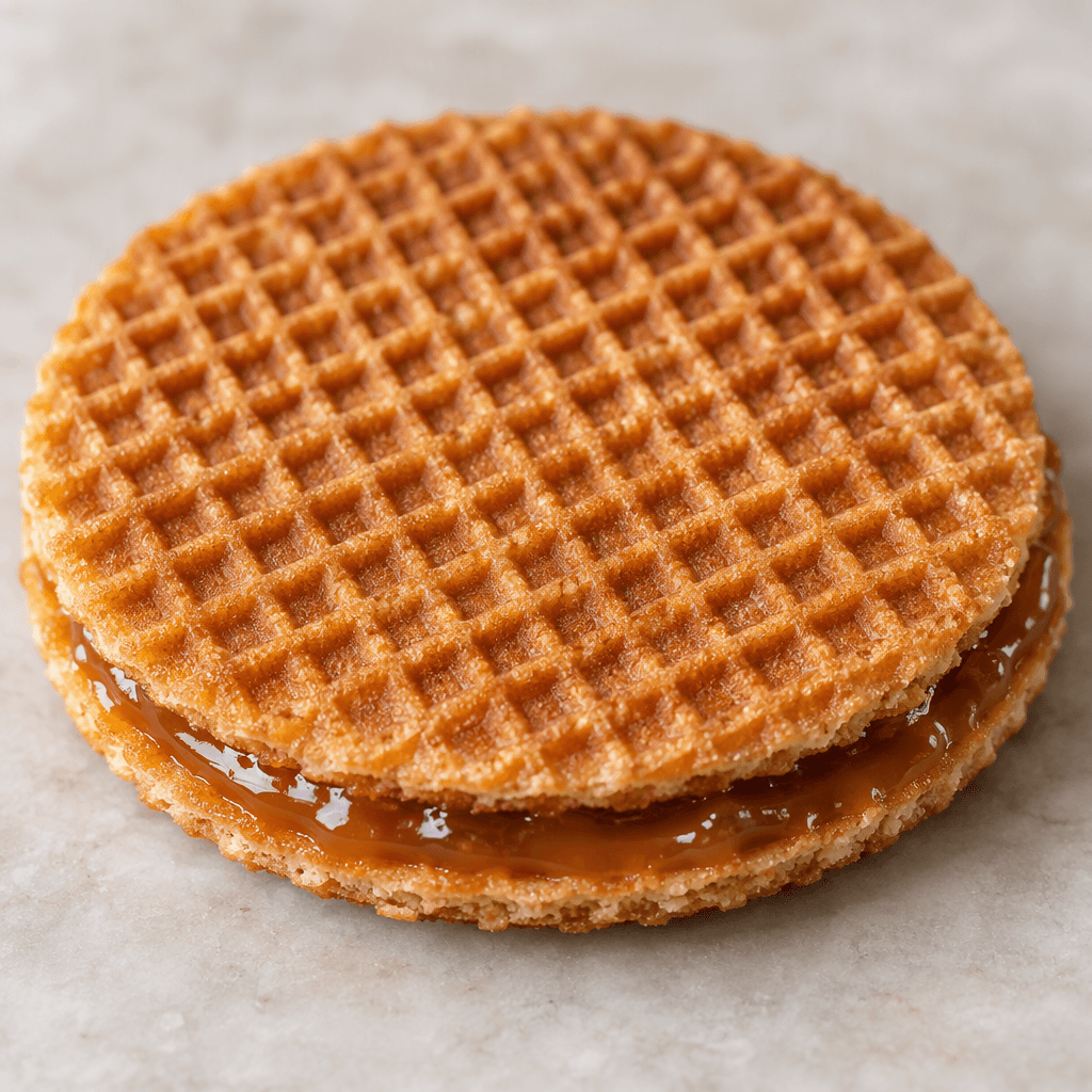 A thin, round, golden-brown waffle with a fine square grid pattern, split into two crisp layers with a glossy amber caramel filling visible between them.