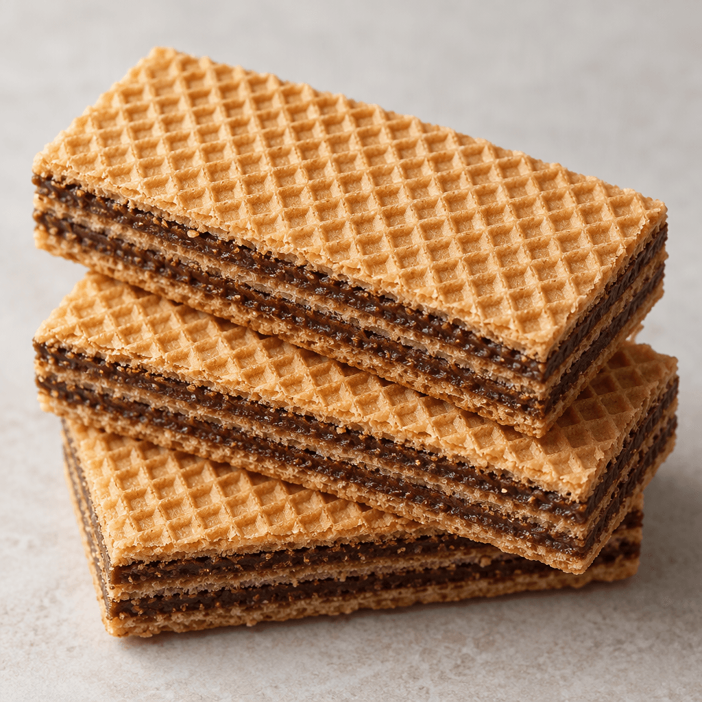 Rectangular, golden-brown wafer biscuits with a fine grid pattern and thin, dark chocolate-colored cream layers visible between the crisp sheets.