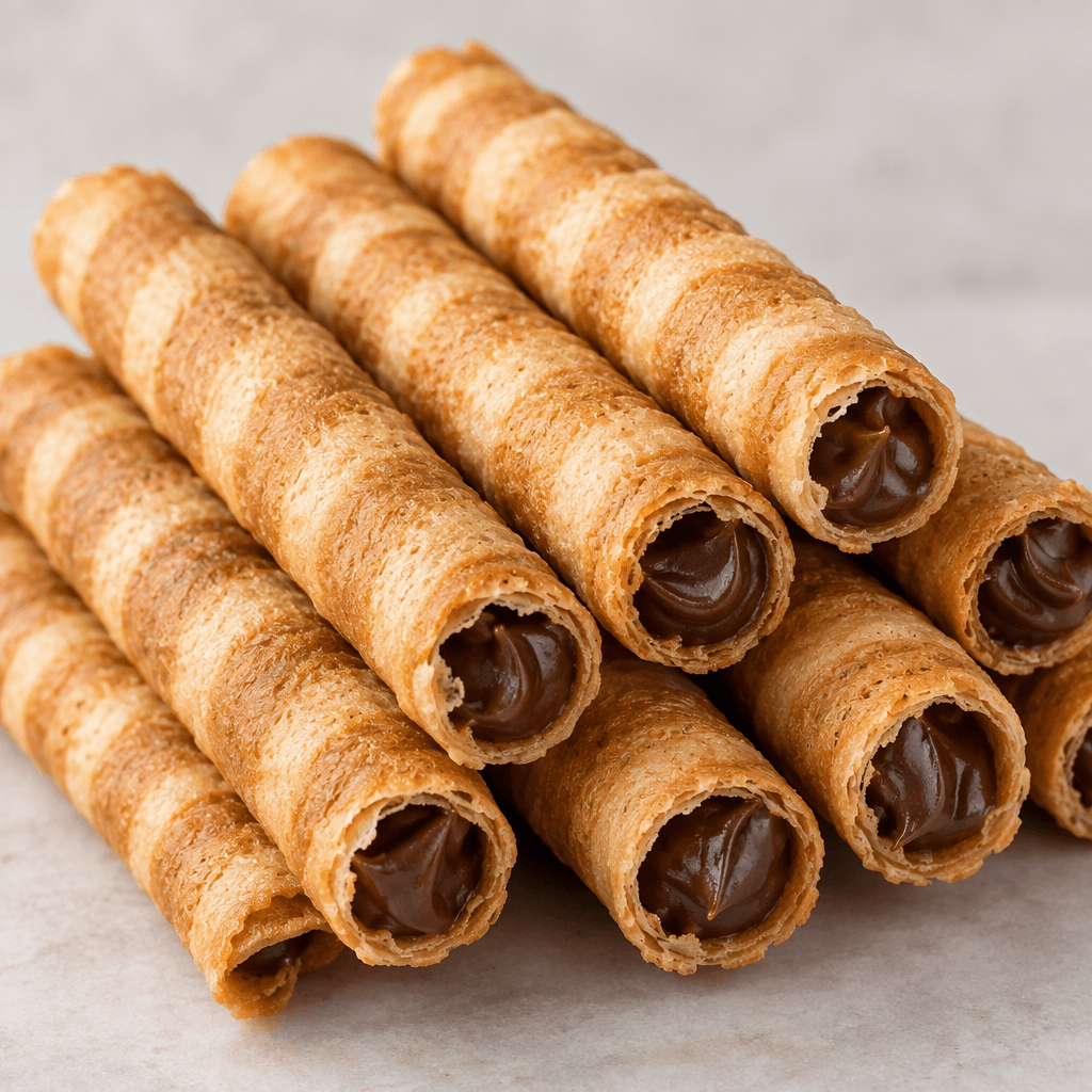 Slender golden-brown wafer rolls with a crisp, lightly ridged surface and dark chocolate cream visible at their open ends, arranged side by side.