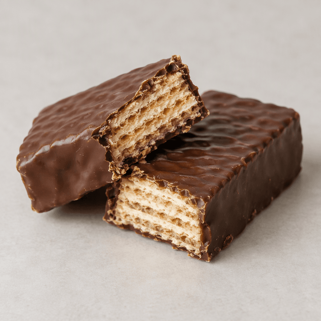 A rectangular wafer coated in dark brown chocolate, with a broken piece showing thin, crisp layers of wafer and pale filling beneath the smooth coating.