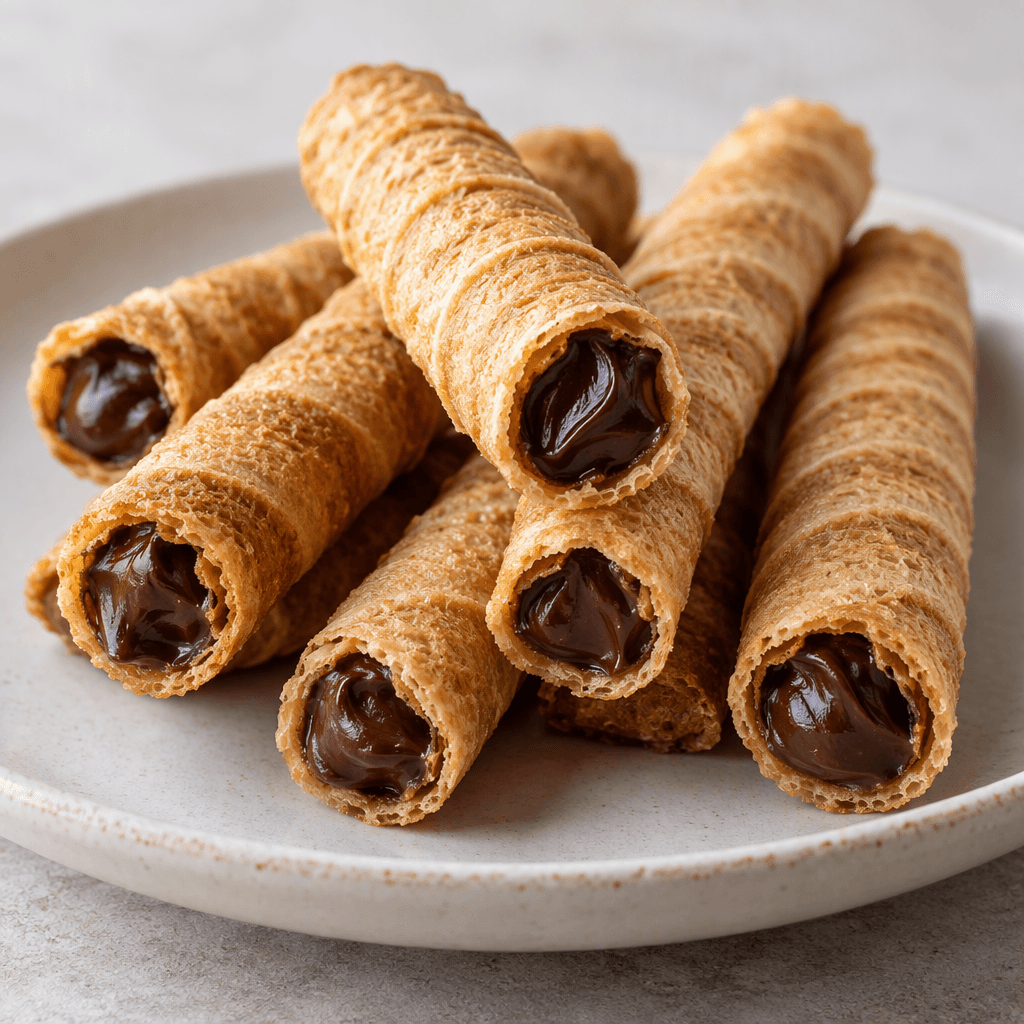 Several slim, golden-brown rolled wafers with a ridged surface and dark chocolate filling visible at their open ends are arranged on a plate.