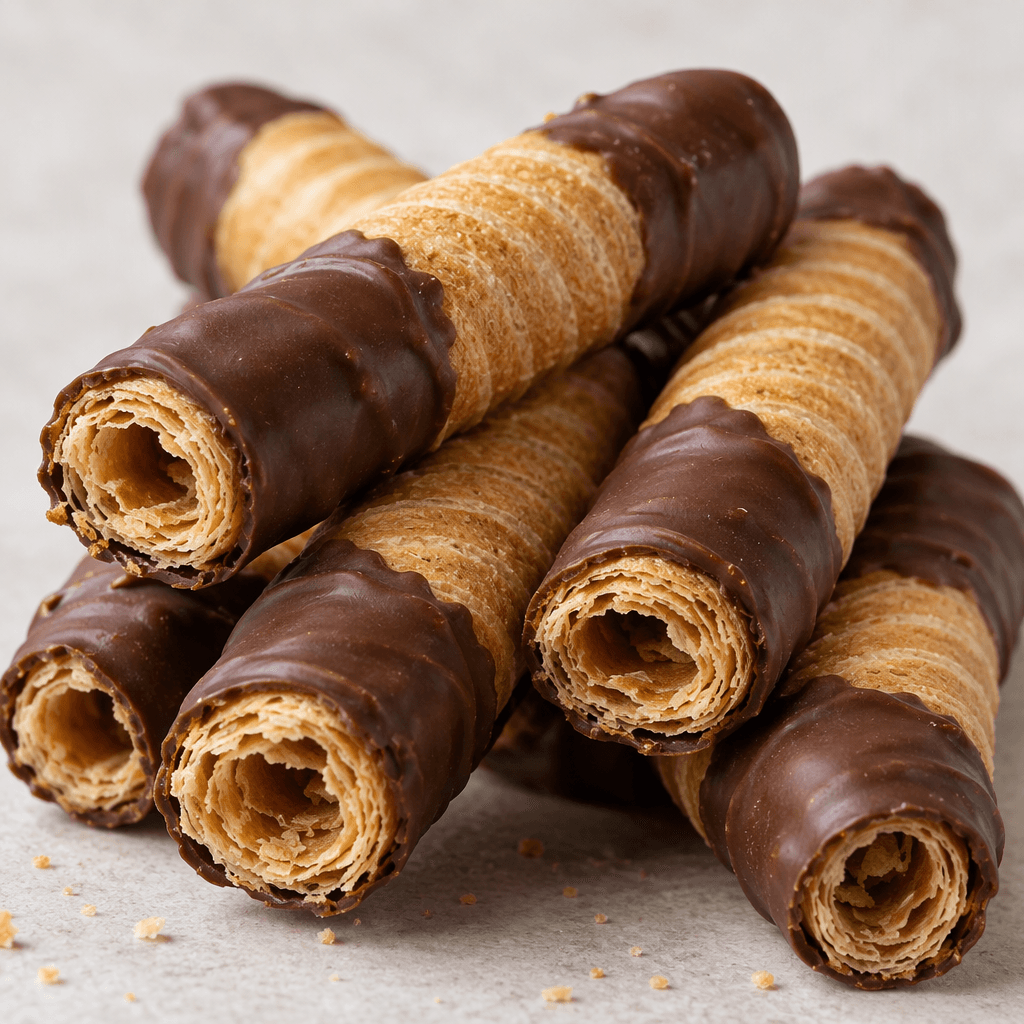 Several slim, golden-brown rolled wafer biscuits with fine ridges and dark chocolate coating are arranged together, with crisp layered edges visible at their ends.