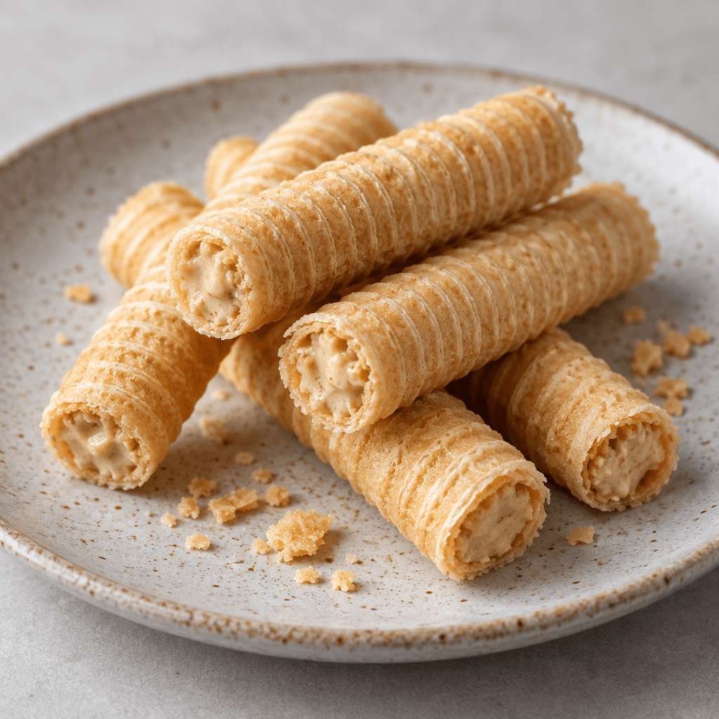 Several slim, golden-beige wafer rolls with fine ridged surfaces and visible pale peanut filling at their ends are arranged on a plate, with a few crumbs scattered nearby.