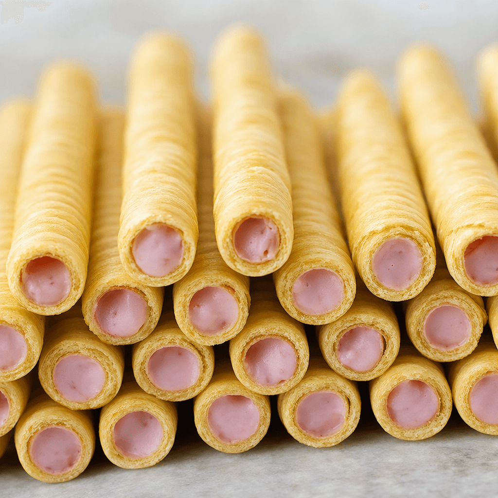 Slender, hollow-looking golden wafer rolls with a fine ridged surface and pale pink strawberry filling visible at their open ends, arranged side by side.