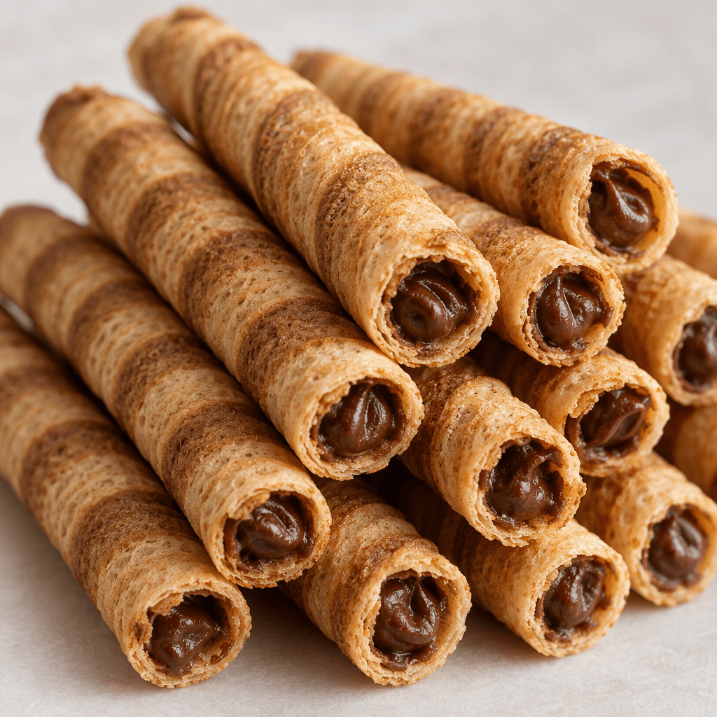 Slim, golden-brown rolled wafer sticks with fine ridges and dark cocoa cream visible at their open ends are arranged together.