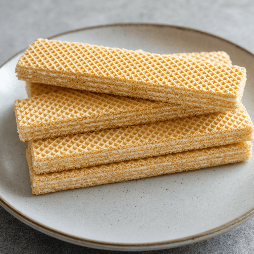 Several long, rectangular golden-beige wafer biscuits are stacked on a plate, their fine embossed grid pattern and thin layers of pale coconut cream visible along the edges.