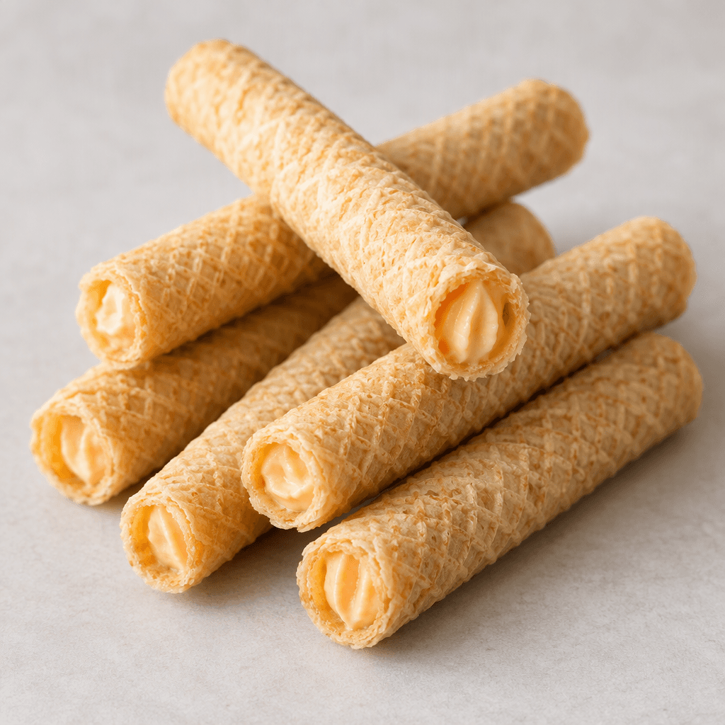 Several slender, golden-beige rolled wafer biscuits with a fine crisscrossed surface and pale orange cream visible in their open ends are arranged together.