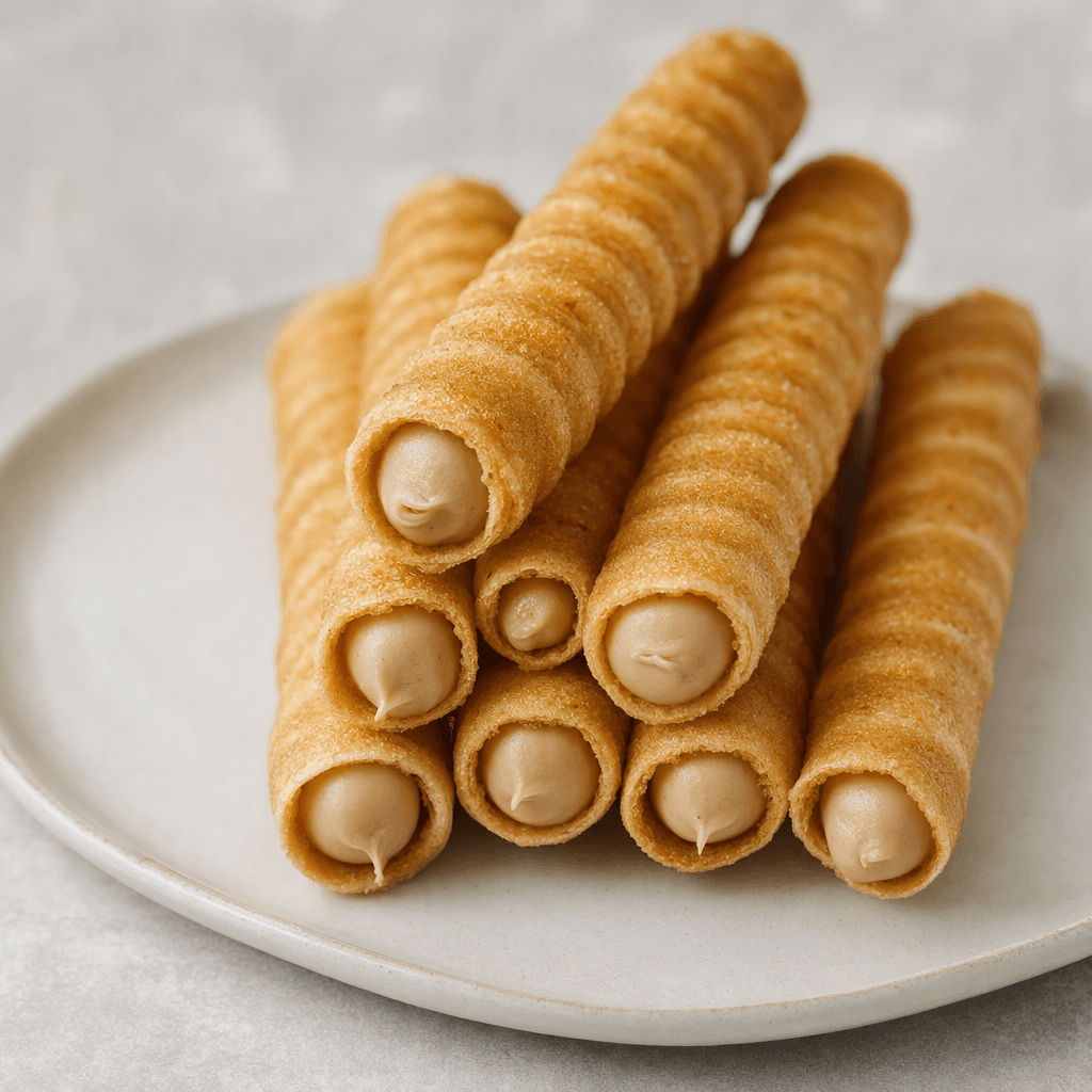 Long, slim golden-brown wafer tubes with a crisp, ridged spiral exterior and pale hazelnut-colored cream visible at their open ends, arranged side by side on a plate.