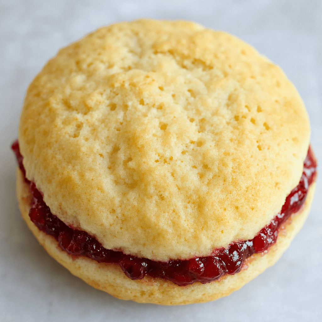 Two pale golden, round biscuits with lightly textured tops are joined by a visible layer of deep red sour cherry filling, with a little filling showing at the edges.