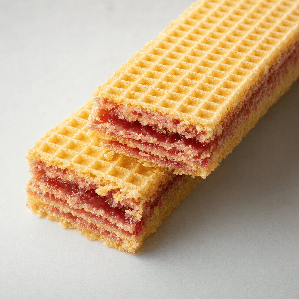 A long, narrow rectangular wafer with a pale golden, grid-patterned exterior, shown broken open to reveal thin crisp layers sandwiching a pink-red cherry filling.