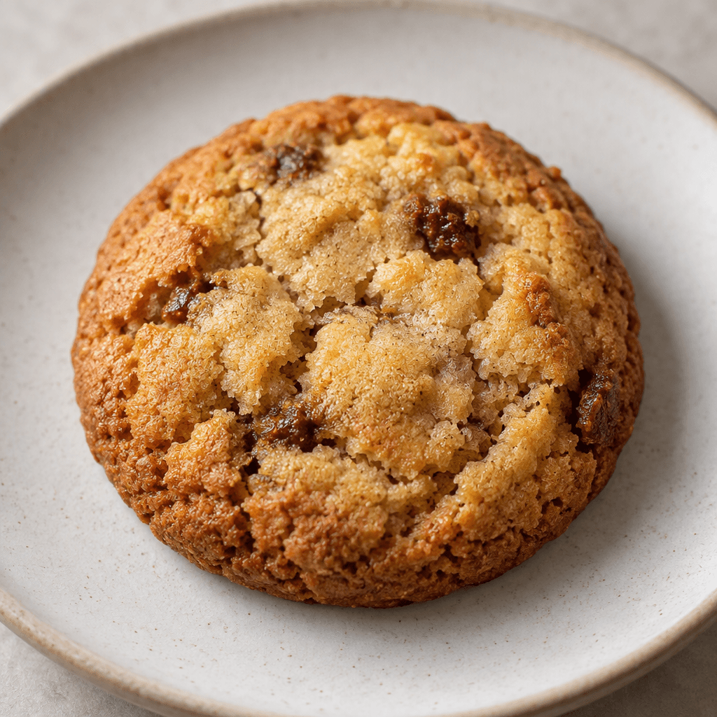 A small, round, golden-brown cookie with a lightly cracked, uneven surface and a few darker baked spots, served on a plate.