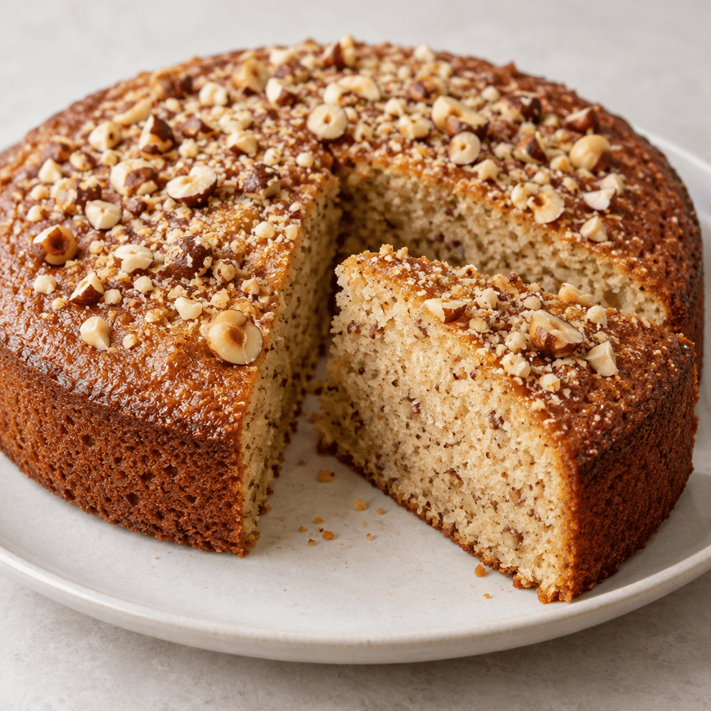 A golden-brown hazelnut cake with a soft, fine-crumbed interior speckled with small hazelnut pieces, shown in slices on a plate.