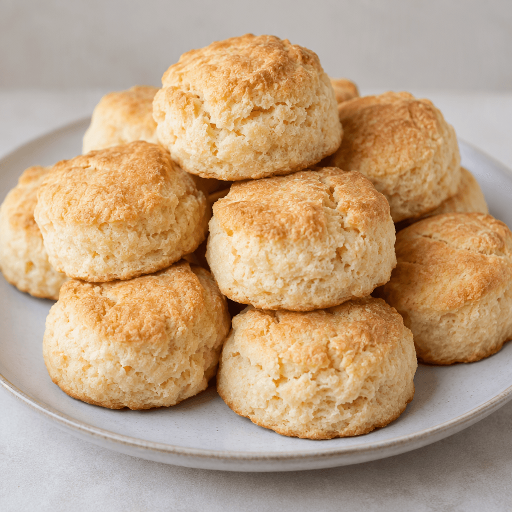 Small, pale golden-brown biscuits with a dry, lightly crumbly surface are arranged on a plate.