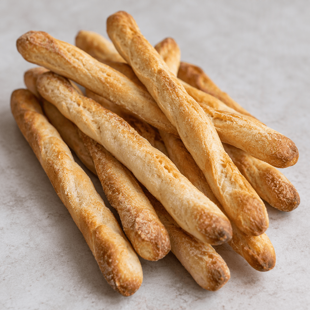 A small pile of long, slender, golden-beige breadsticks with lightly browned tips and a dry, subtly uneven surface.