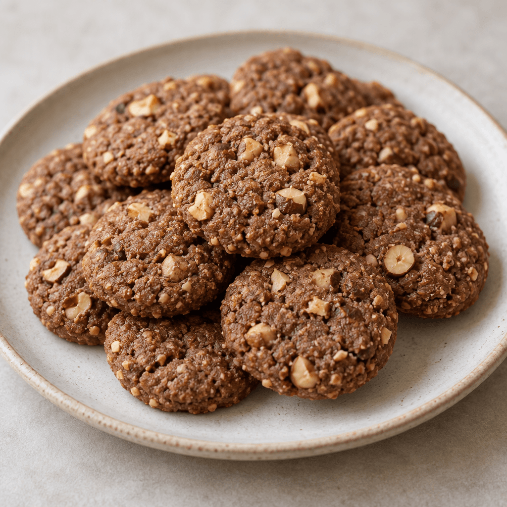 Small, round, flat brown cookies with a slightly rough, crumbly surface and visible bits of hazelnut, arranged on a plate.