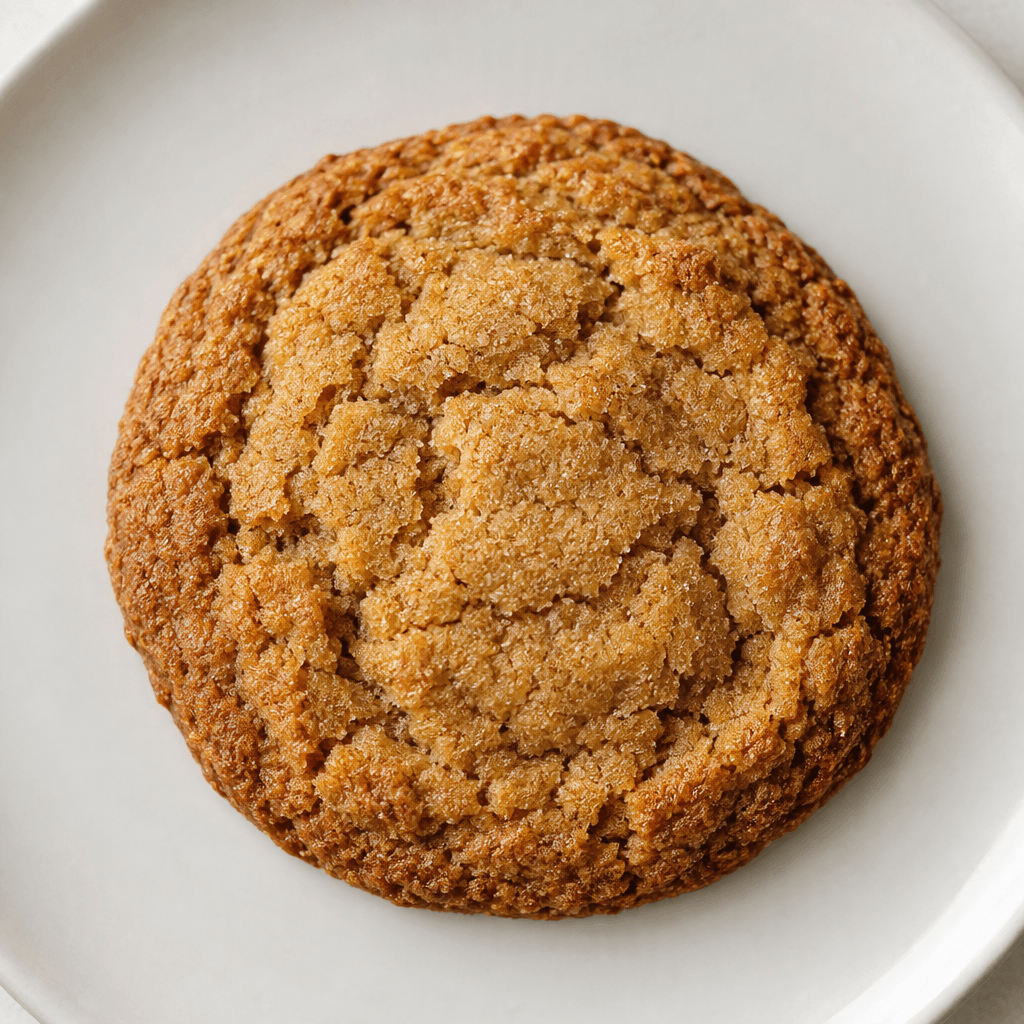 A round, golden-brown ginger cookie with a slightly uneven, crackled surface and gently browned edges, served on a plain plate.