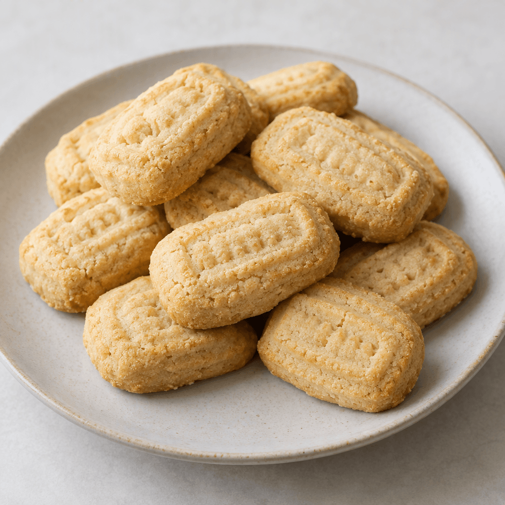 Small, pale golden-beige biscuits with rounded rectangular shapes and lightly embossed tops sit together on a plate, their dry surfaces slightly crumbly and uneven.