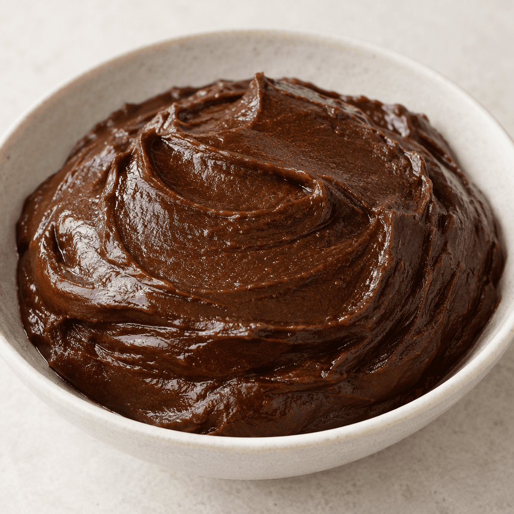 A thick, glossy dark-brown paste with a smooth, dense texture, shaped into a mound or spread in a shallow dish, with a slightly sticky surface and no visible pieces.