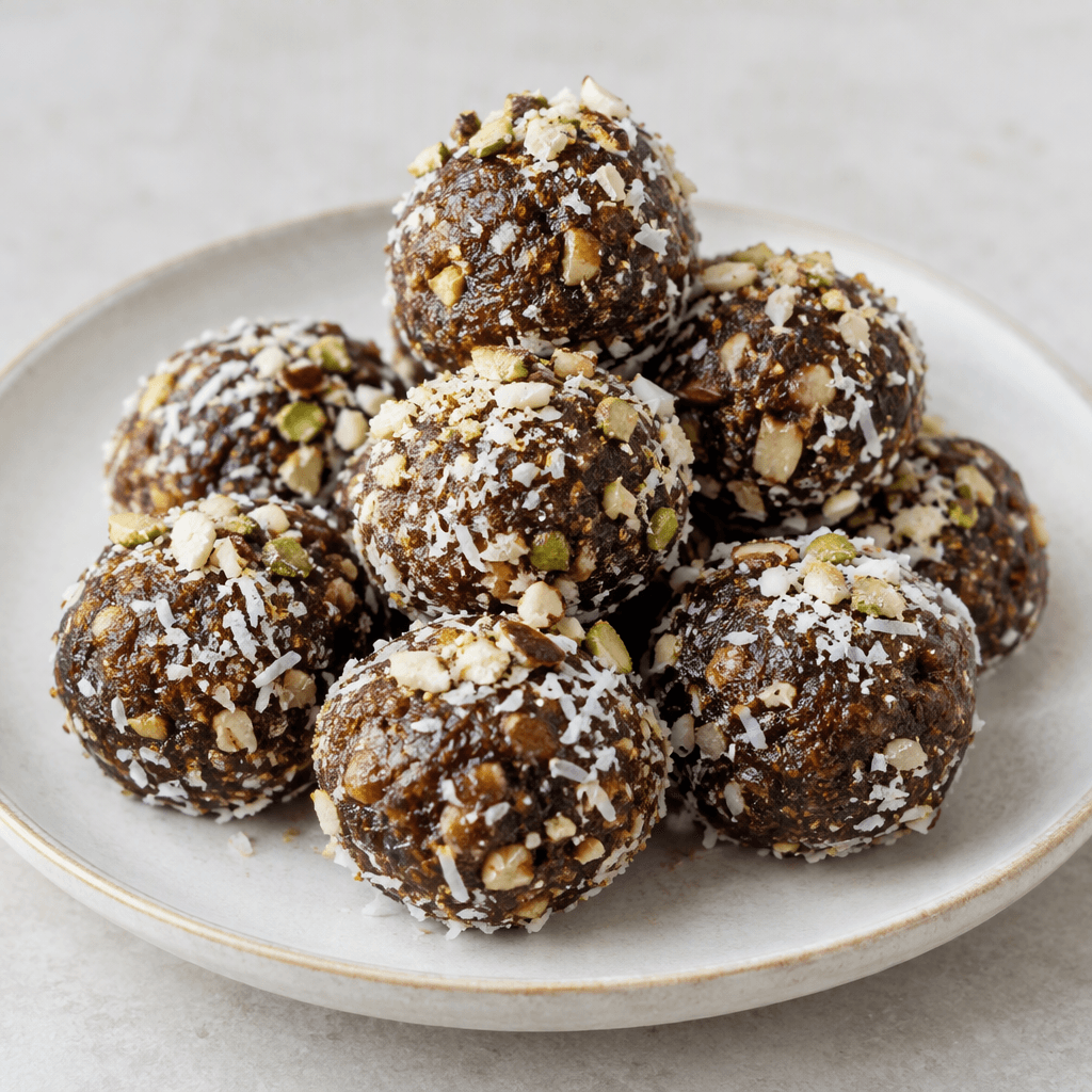 Small round sweets made from dark brown dates, with a dense, slightly uneven surface and a soft, sticky-looking texture, arranged in a cluster on a plate and lightly coated with finely shredded coconut and chopped nuts.