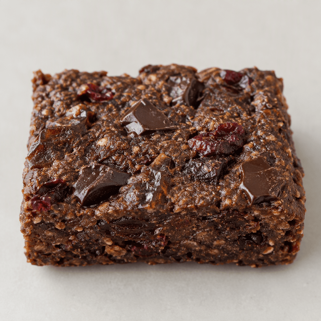 A compact, roughly rectangular dark-brown bar with a dense, slightly uneven surface, dotted with glossy dark-chocolate pieces and small deep-red sour-cherry and date fragments.