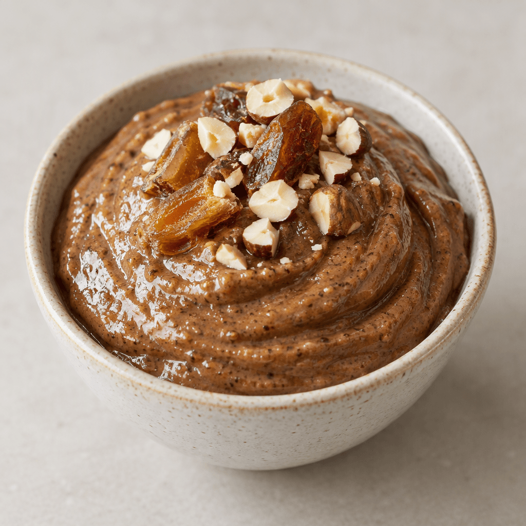A thick, smooth, glossy brown spread with fine darker flecks, mounded in a small bowl and topped with a few pale date pieces and chopped hazelnuts.
