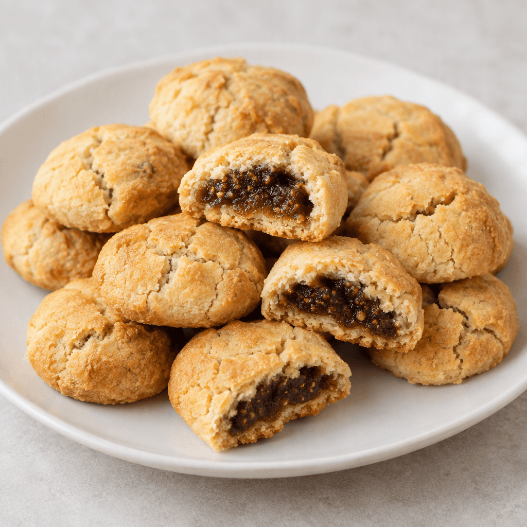 Small golden-brown, crumbly cookies with a lightly cracked surface, each enclosing a dark brown date filling visible at the cut edges, arranged on a plain serving plate.
