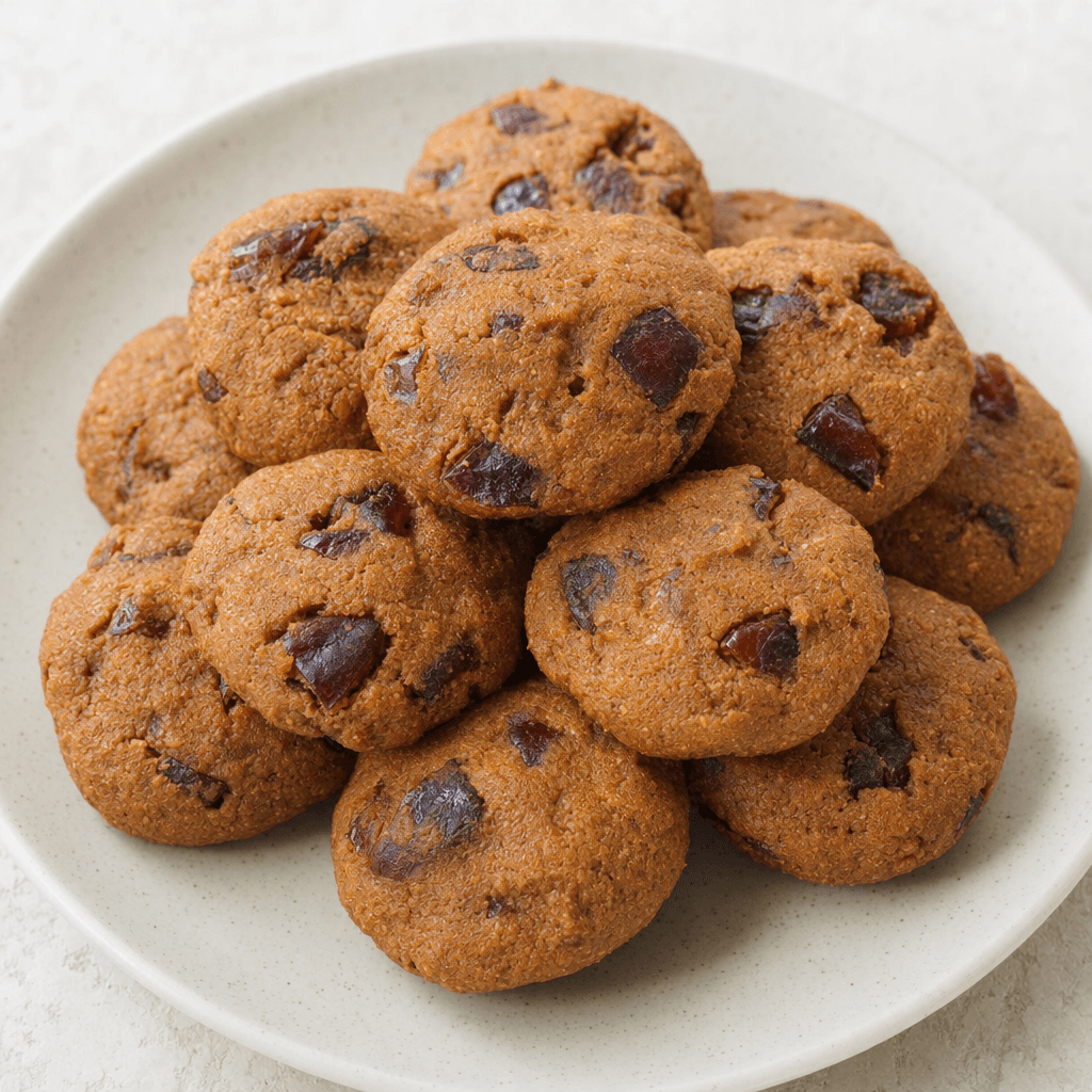 Small, round, slightly flattened brown cookies with uneven edges, a matte, lightly cracked surface, and visible darker date pieces, arranged on a plain plate.