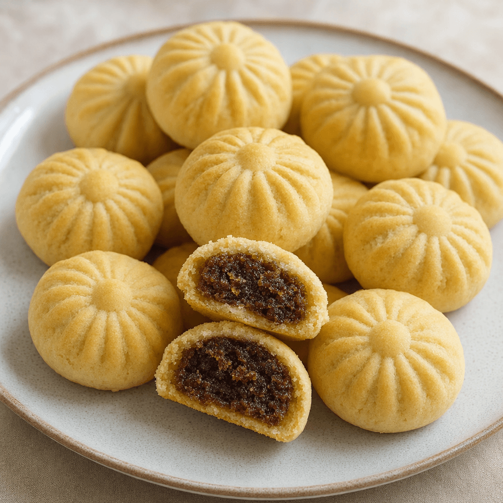 Small, round, pale golden cookies with delicately patterned, slightly crumbly surfaces are arranged on a plate, with one broken open to show a dense, dark brown date filling.