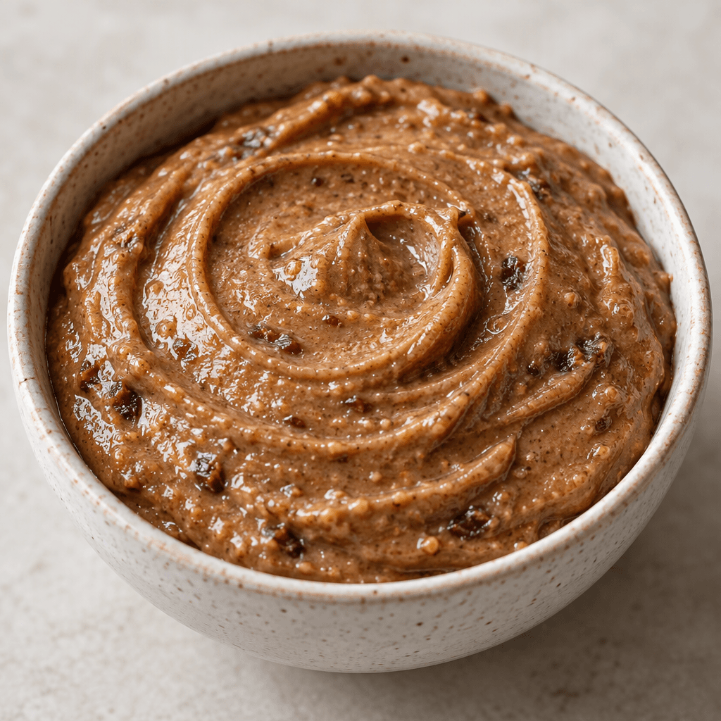 A thick, smooth, warm-brown hazelnut spread sits in a small bowl, with a few darker date flecks and a softly swirled surface.