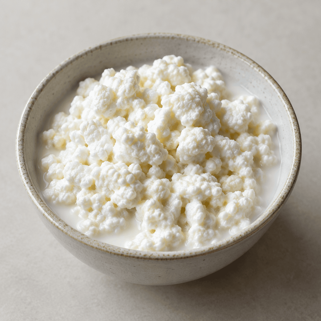 Small, soft white curds sit in a little creamy liquid, piled loosely in a bowl.