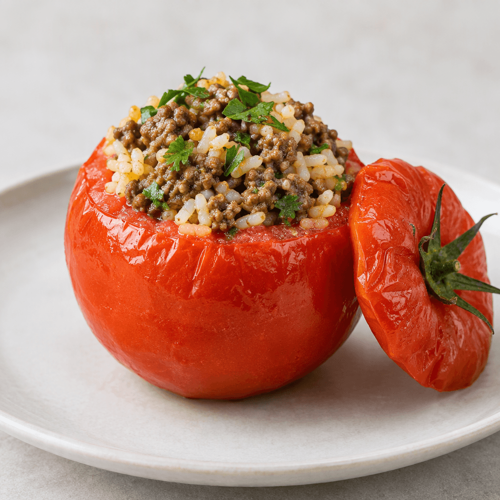 A whole ripe red tomato with its top removed and set beside it, visibly filled with a mound of fluffy rice, browned minced meat and green herbs, served upright on a plate with glossy red skin and slightly softened edges.