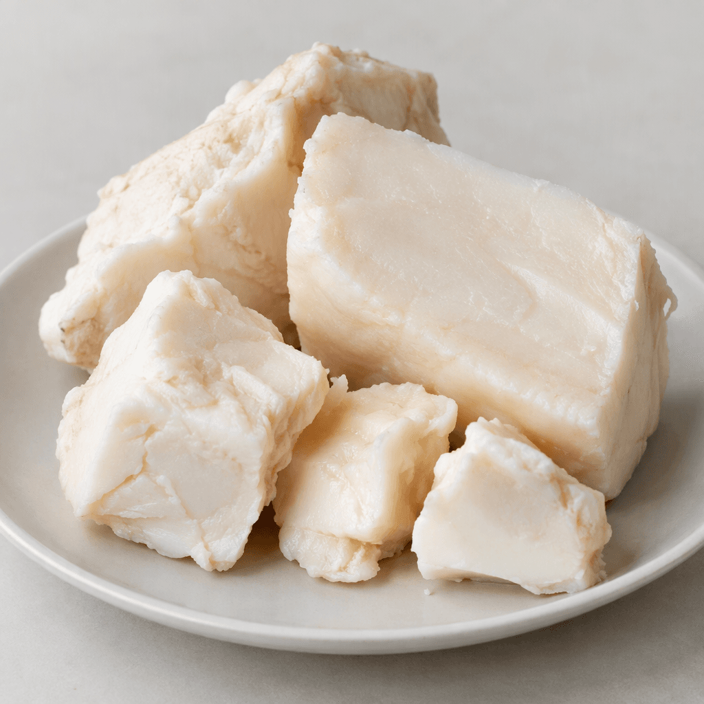 Irregular chunks and thick slabs of pale creamy-white beef fat with a smooth, dense, slightly waxy surface, arranged on a plain light-colored plate.