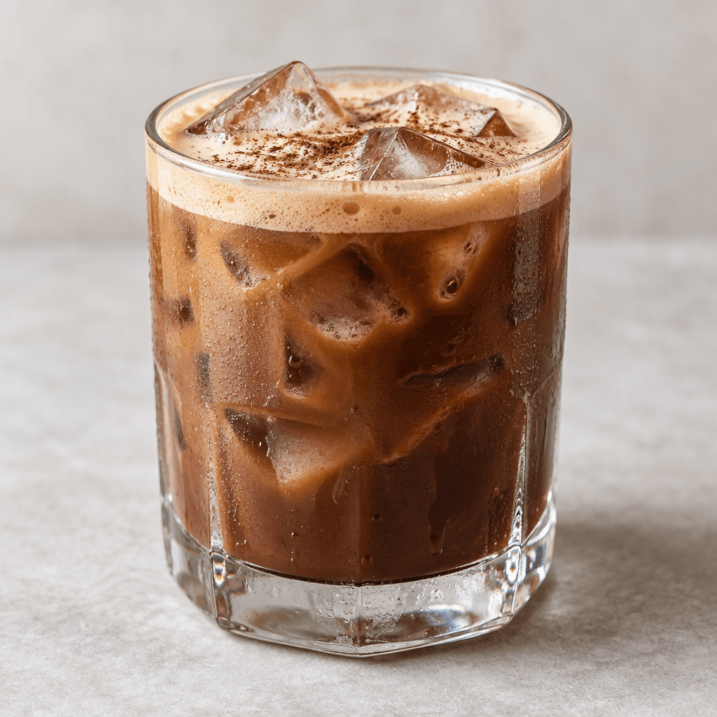 A clear glass holds a chilled, deep brown mocha coffee with angular ice cubes visible through the drink and a thin layer of pale foam on top.