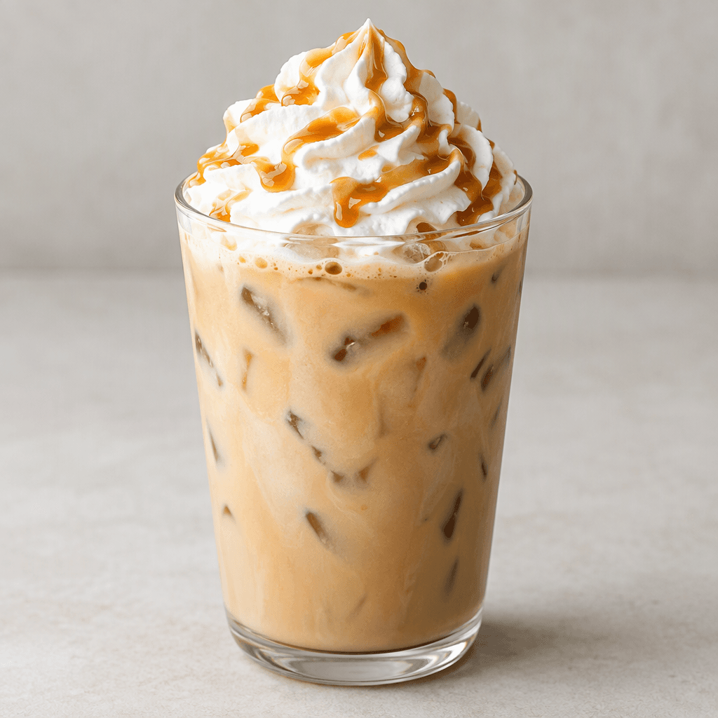 A chilled latte in a clear glass, with visible ice cubes in a creamy beige coffee and milk mixture, topped with a swirl of whipped cream and a light drizzle of caramel-colored sauce.