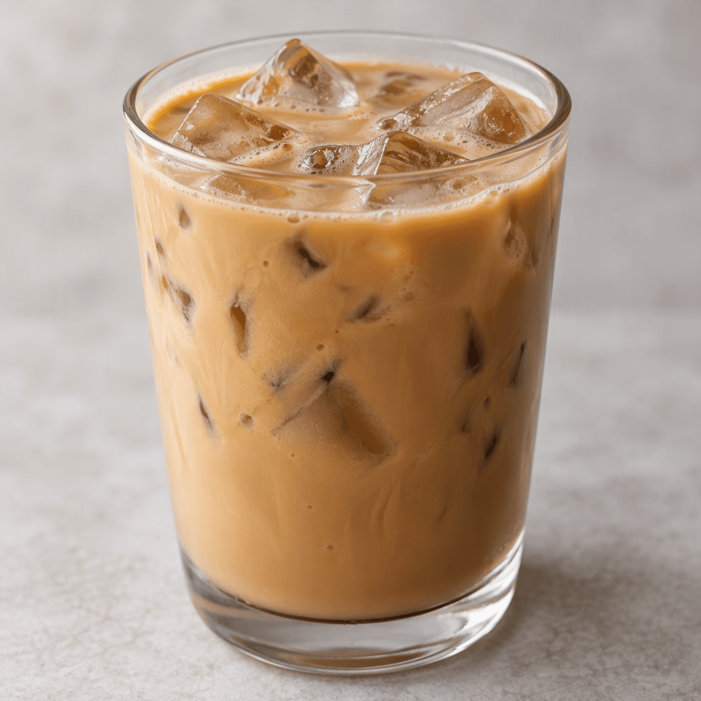 A smooth, creamy light-brown iced coffee fills a clear glass, with several translucent ice cubes visible beneath its surface.