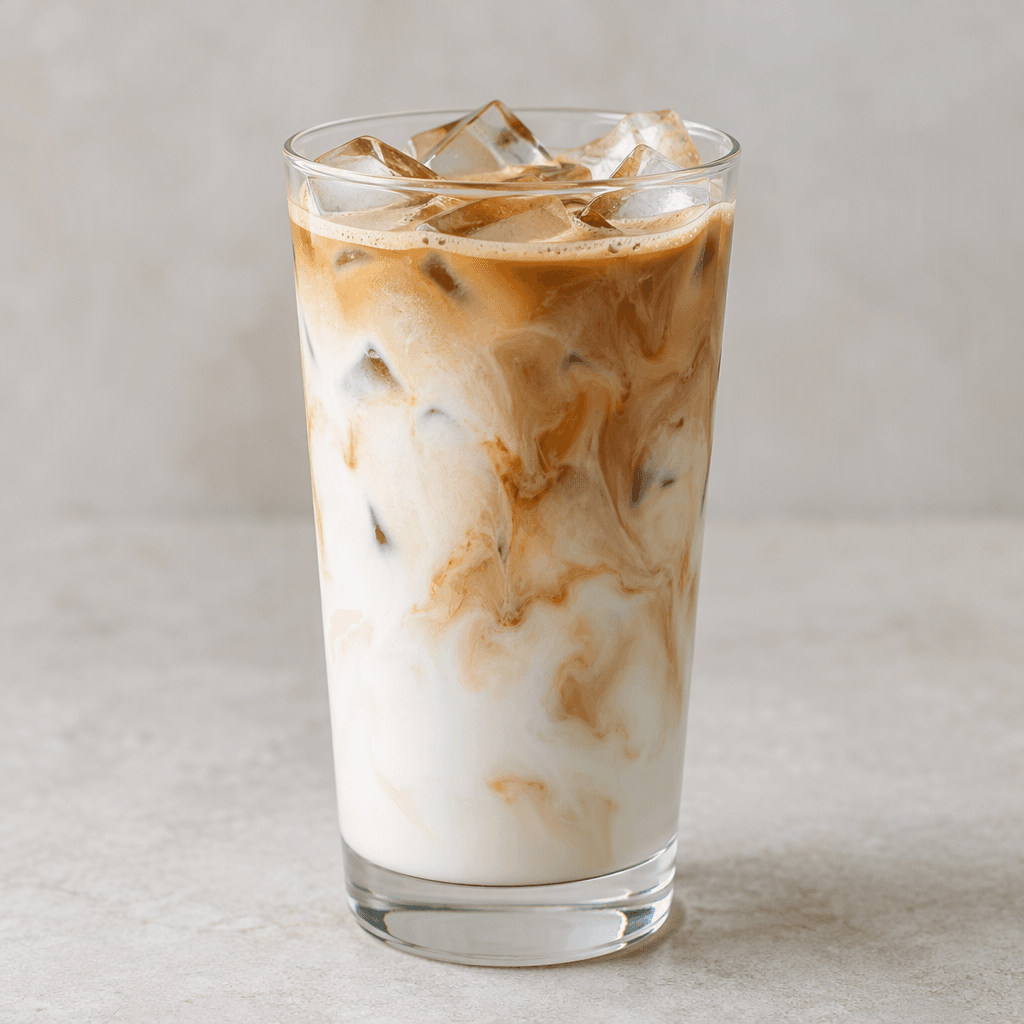 A tall clear glass holds a pale milk-colored iced drink with tan instant-coffee swirls, several visible ice cubes, and a thin light-brown layer near the top.