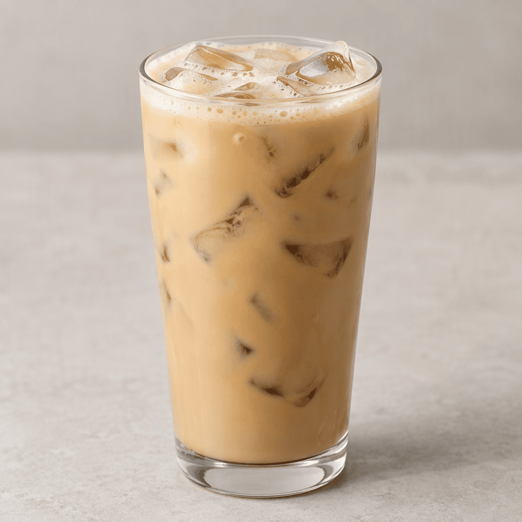 A pale beige, creamy coffee drink fills a tall transparent glass, with several clear ice cubes visible throughout and a thin layer of foam on the surface.