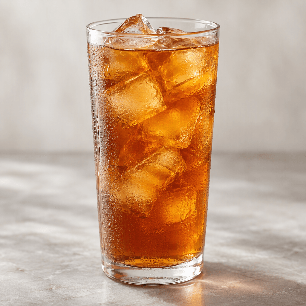 Clear amber-brown iced tea with visible ice cubes is served in a tall transparent glass, with condensation on the outside.