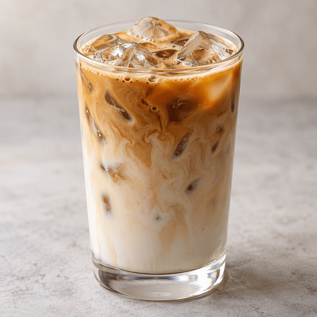 A pale, creamy iced coffee with visible ice cubes and subtle layers of milk and coffee, served in a clear glass.