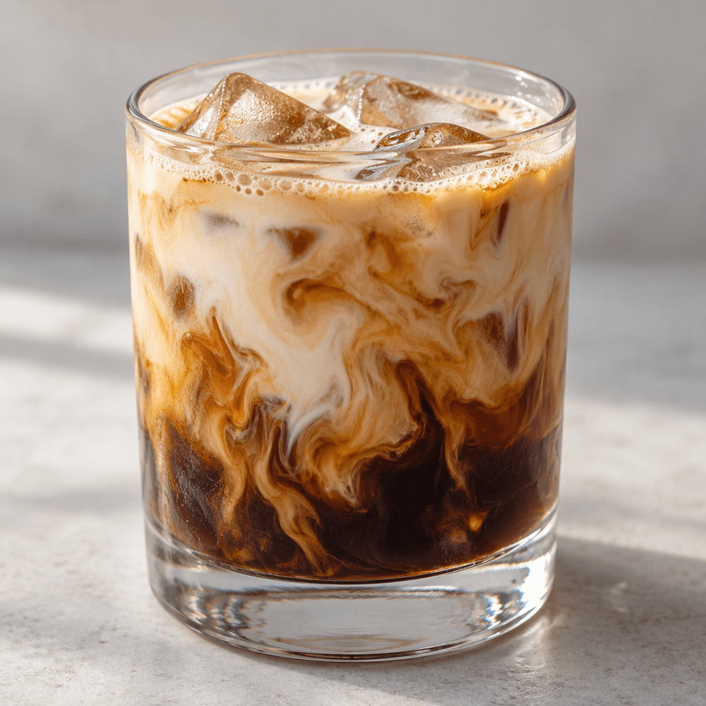 A clear glass holds a layered iced espresso drink, with dark coffee beneath pale oat milk, swirling into caramel-brown ribbons around large ice cubes and topped with a thin layer of fine bubbles.